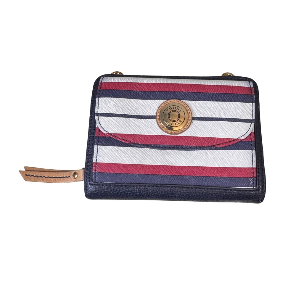 Tommy Hilfiger Nautical Striped Wallet Navy Blue Red White ID Window Bifold